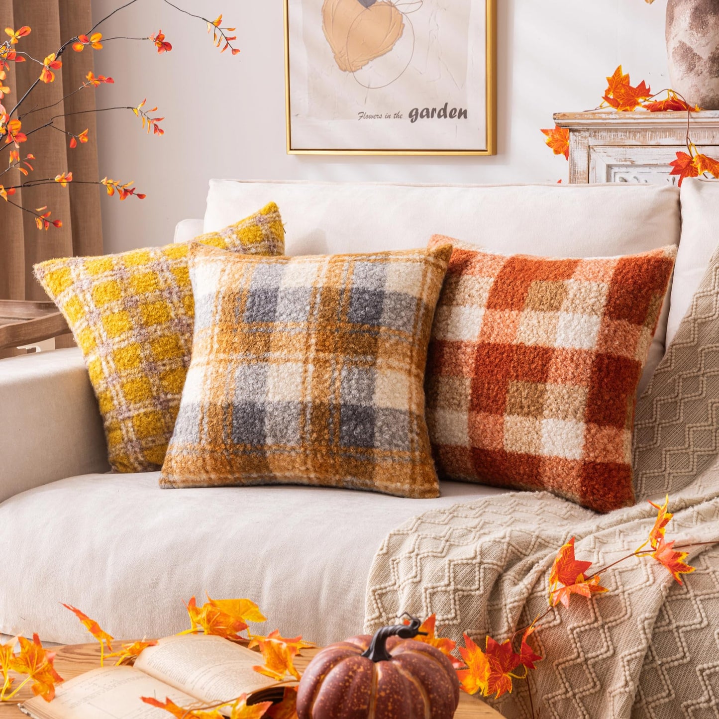 AQOTHES Orange Plaid Fall Throw Pillow Covers 18x18 Inch Set of 2, Boucle Decorative Pillow Covers,Cozy Fluffy Home Living Room Farmhouse Decor for Sofa Couch Bed