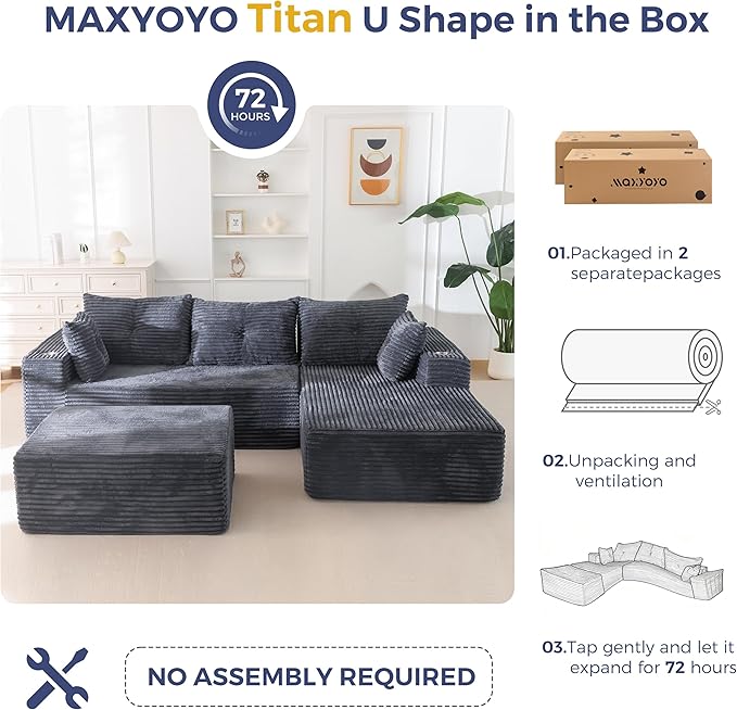 MAXYOYO 104" U-Shaped Modular Sectional Couch, Modern Boneless Couch for Living Room, Sofa in A Box, Oversized Sofa Sleeper with Deep Seat, No Assembly Required, Dark Grey