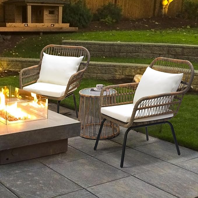 wildformers 3 Pieces Rattan Wicker Bistro Set, Outdoor Conversation Set, Wicker Furniture Set with Glass Top Table, Space Saving for Balcony, Backyard, Natural