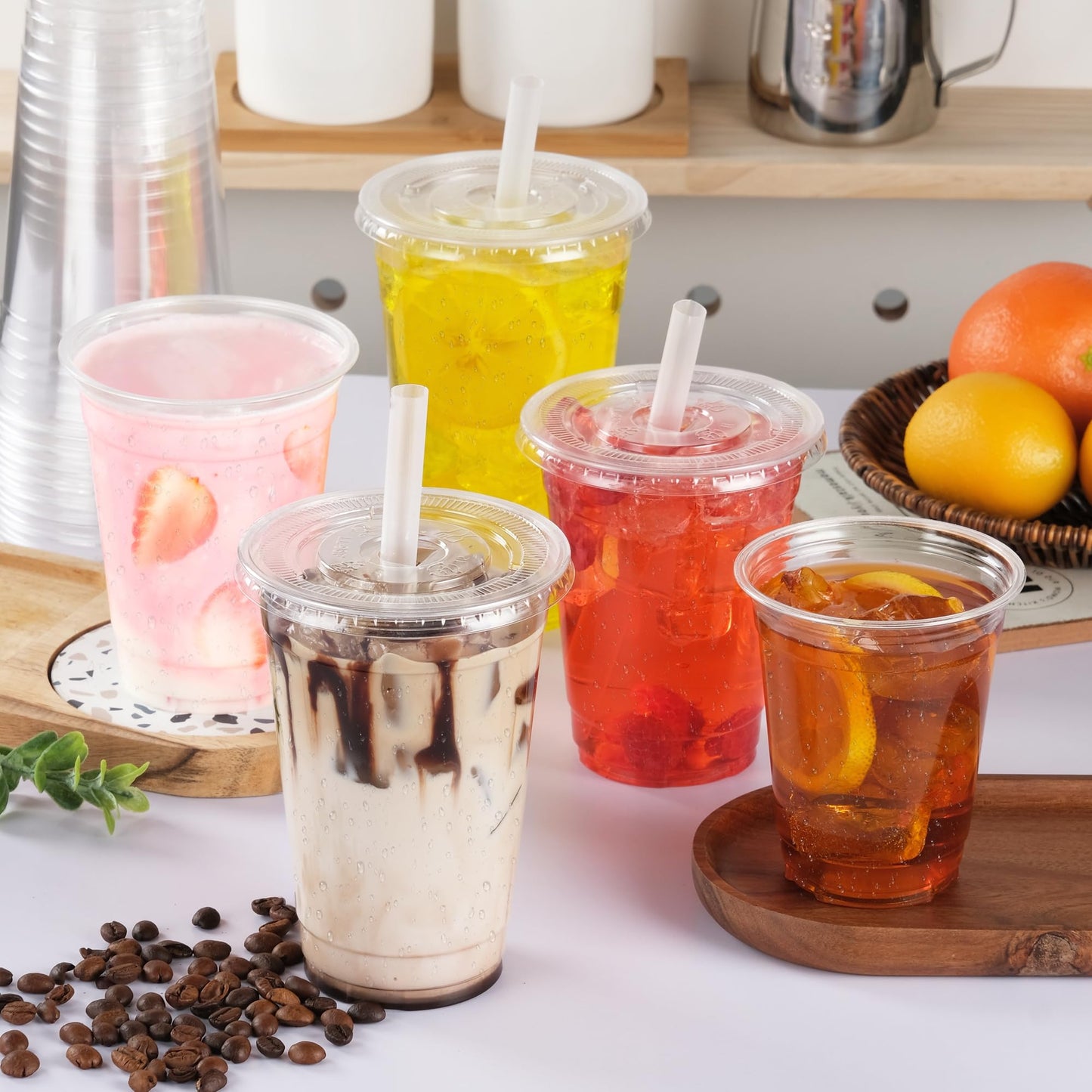 CCWOFF PLA 20 OZ Compostable Clear Plastic Disposable Iced Coffee Cups with Flat Lids, Biodegradable Cold Drinking To Go Coffee Cups for Party, Smoothie, Boba Tea, Slushy, Milkshake 50 Sets