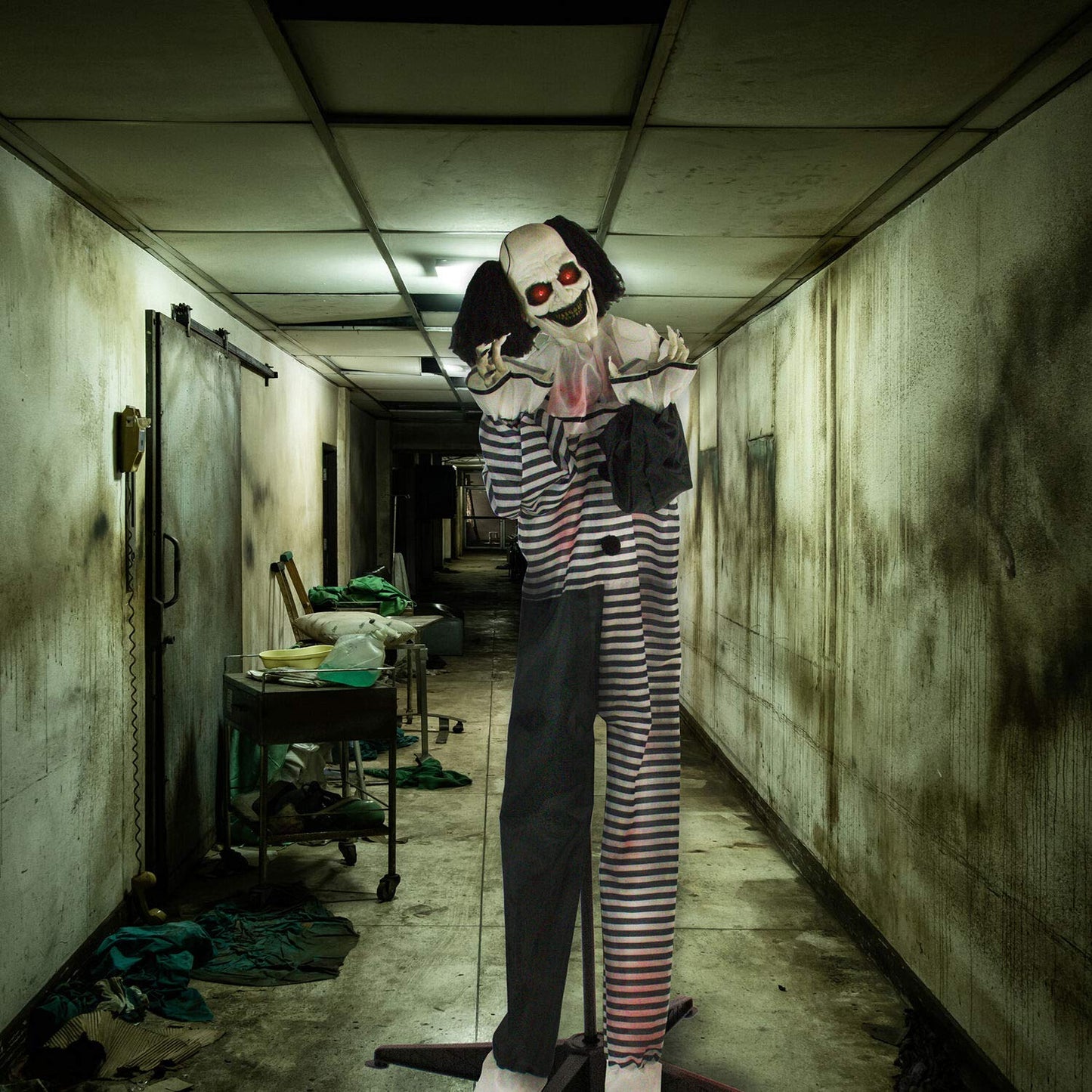 Haunted Hill Farm Scary Animatronic Talking Clown with Touch Activated Lights and Sounds, Indoor or Covered Outdoor Halloween Decorations for Home or Haunted House, Battery Operated Halloween Props