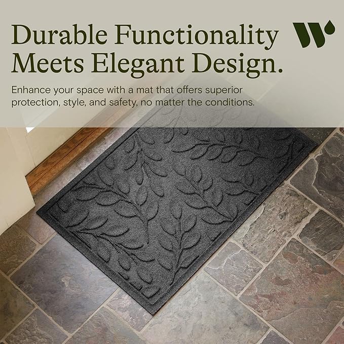 WaterHog Welcome Mat for Indoor/Outdoor, 2’ x 3’, Made in USA, Durable & Water-Resistant, Dirt Trapping Mat, Decorative Front Door and Entryway Rug, Brittney Leaf Design, Charcoal