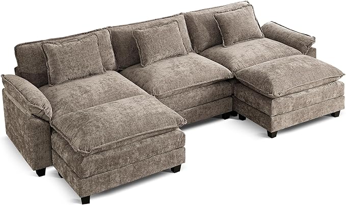 URRED Cloud Couch Modular Sectional Sofa, 122" Modern U Shaped Deep Seat Sofa with 2 Ottomans & Pillows, Ultra Comfy Chenille Couches for Living Room, Bedroom or Apartment, Khaki