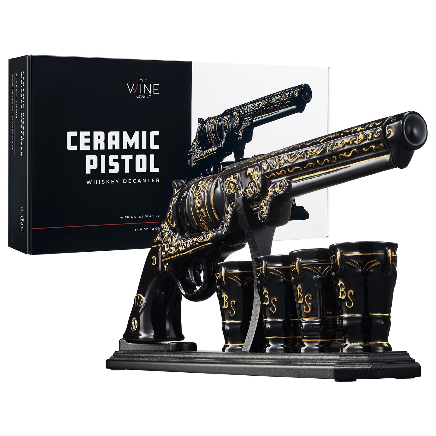 Gifts for Men Dad Hand Painted Pistol Gun Whiskey Decanter Set & Shot Glass - Black & Gold & 4 Bullet Shots - Unique Birthday Fathers Day - Gift for Brother, Cool Anniversary Present Him Husband