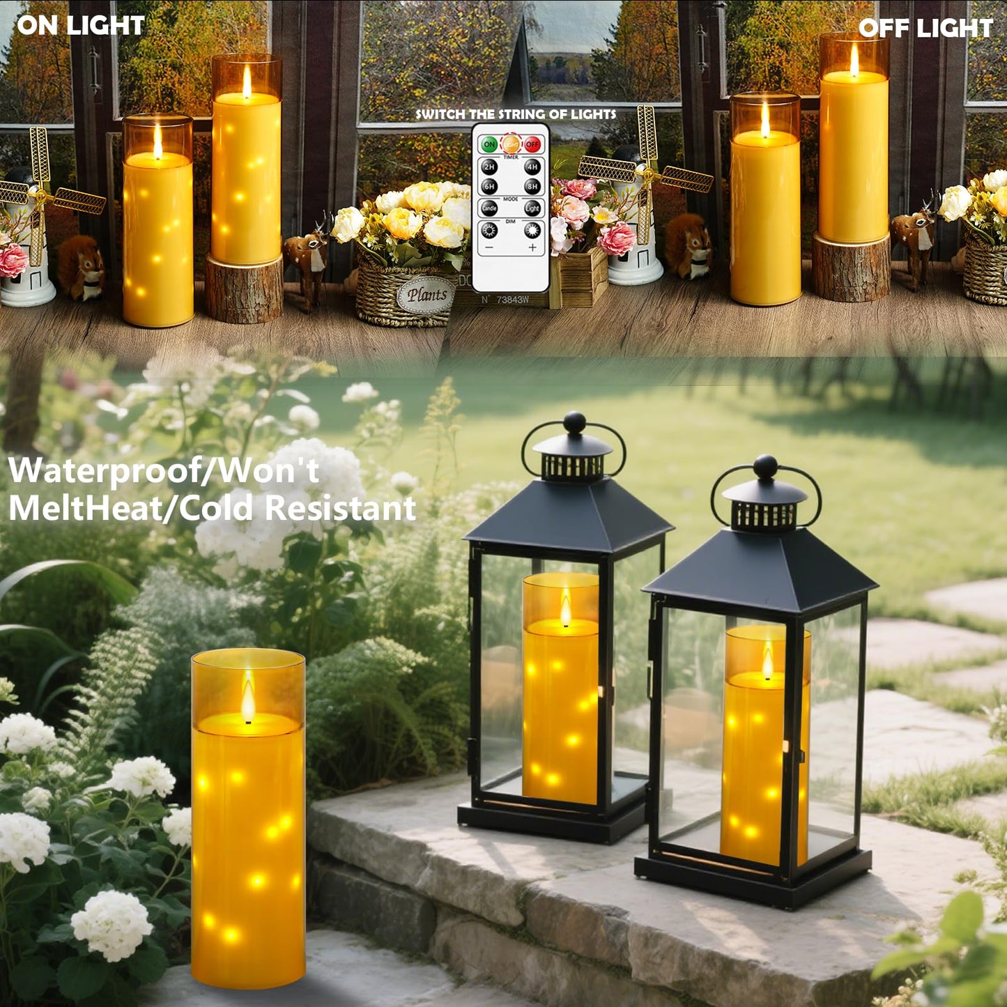 kakoya 11" x 4" Large Outdoor Waterproof Flameless LED Candles with Remote and Timer,Acrylic Pillar Candles Battery Operated with Embedded Star String for Porch,Patio,Outdoor Decor,Set of 2(Gold)