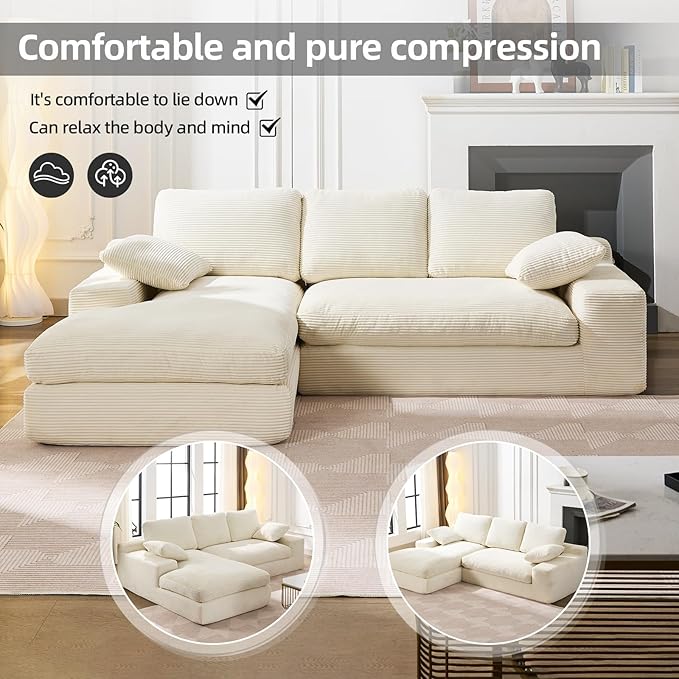 98.4" Cloud Modular Sectional Couch with Chaise,L-Shaped Modern Upholstered Sofa with Deep Seat,Corduroy Sectional Couches for Living Room and Bedroom,No Assembly Required(Beige)
