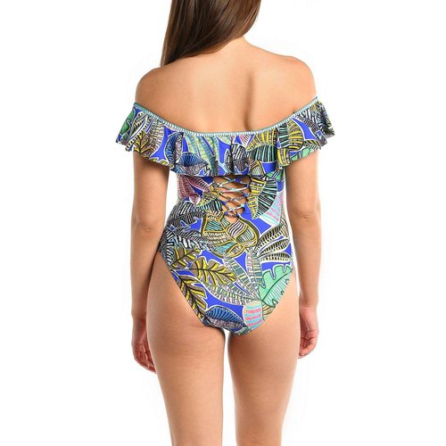 La Blanca Women's Off Shoulder Ruffle One Piece Swimsuit, Multi//Neon Nights, 18