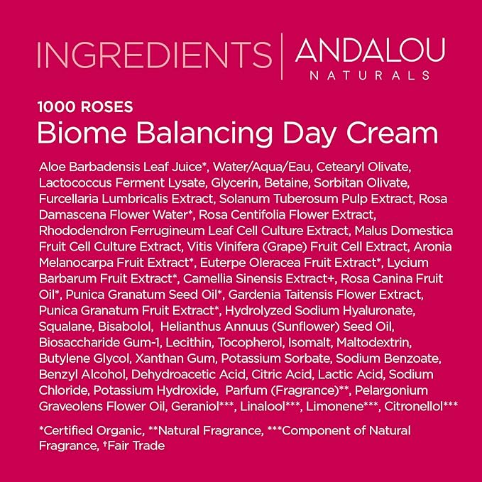 Andalou Naturals 1000 Roses Skin Biome Balancing Day Cream - Lightweight Face Moisturizer with Alpine Rose Stem Cells, Postbiotics - Soothing Hydration for Sensitive Skin - 1.7 Oz