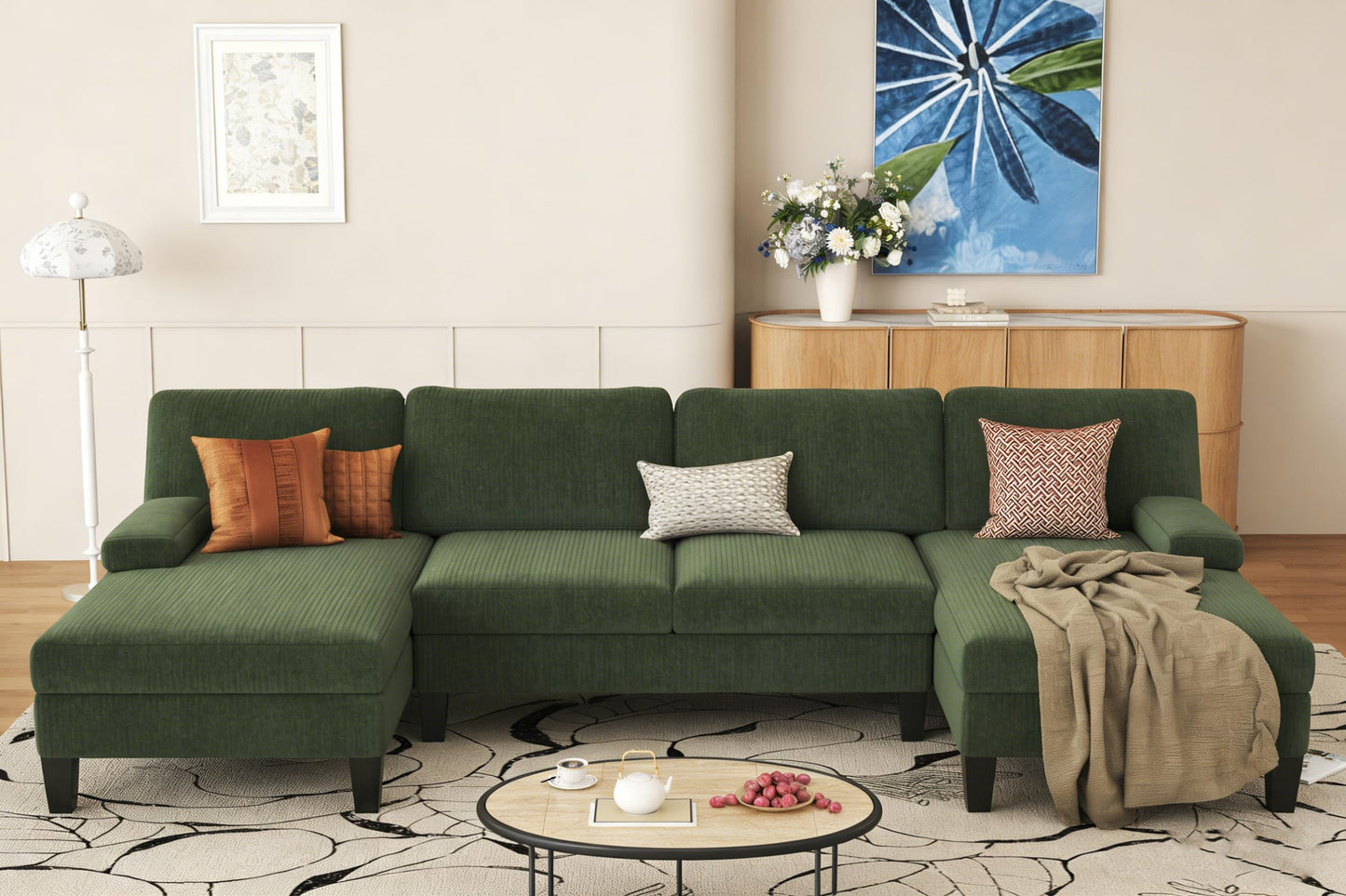 WAYTRIM Sectional Couches for Living Room 108" U-Shaped Modular Sofa Convertible Couch with Double Chaise,Removable Pillows Upholstered 4-Seat Couch for Apartment (Green)
