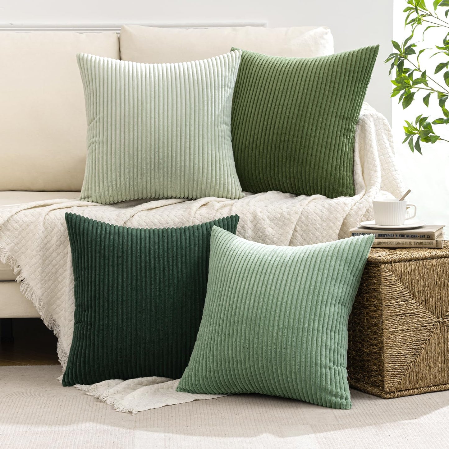 MIULEE Summer Boho Farmhouse Sage Green Throw Pillow Covers 18x18 Inch Set of 4 Mordern Nordic Cushion Covers Soft Corduroy Home Decor for Couch Bed Sofa Living Room Forest Green