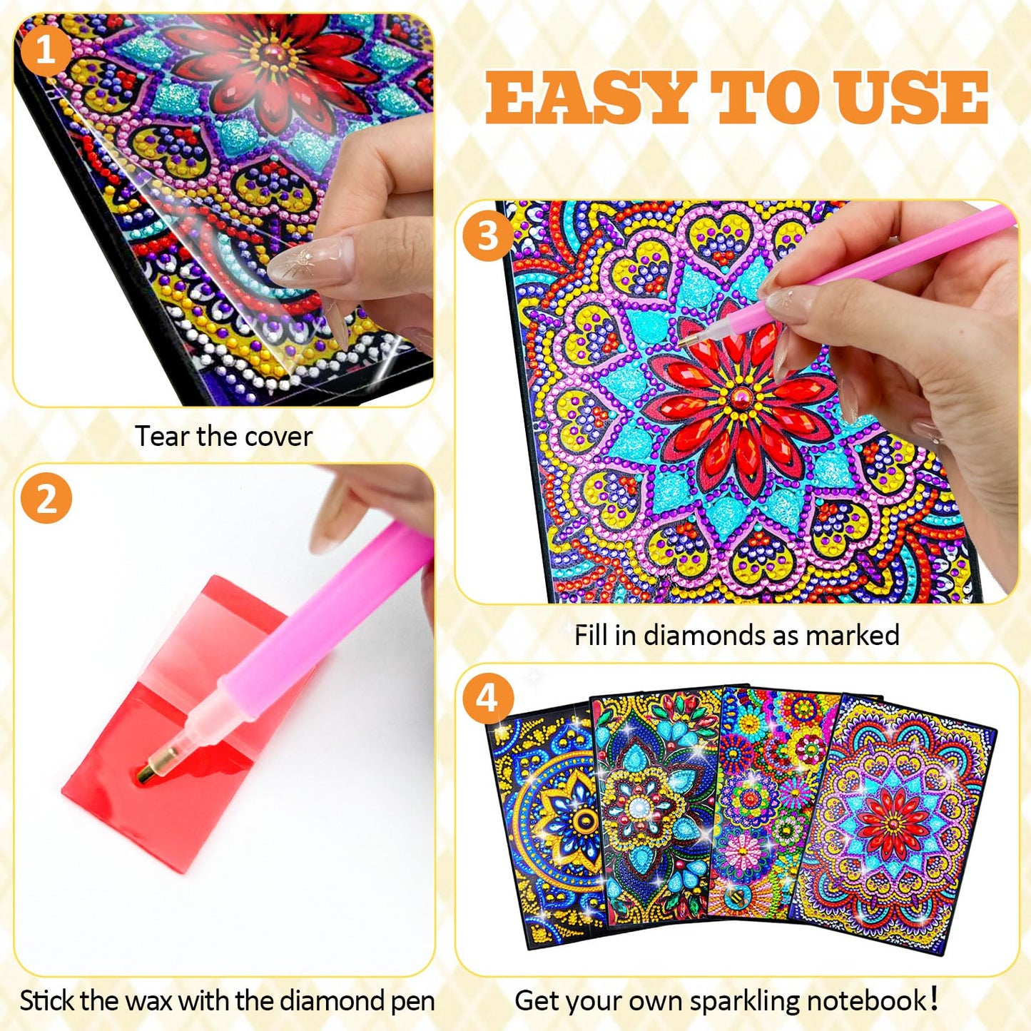LINGFANG 4 Pack Diamond Art Kits for Adults Teens, Leather Cover Diamond Painting Journals Notebooks, DIY 5D Gem Dots Art Crafts for Teenagers' Birthday, Graduation, Christmas Gifts with Tools (Cat)