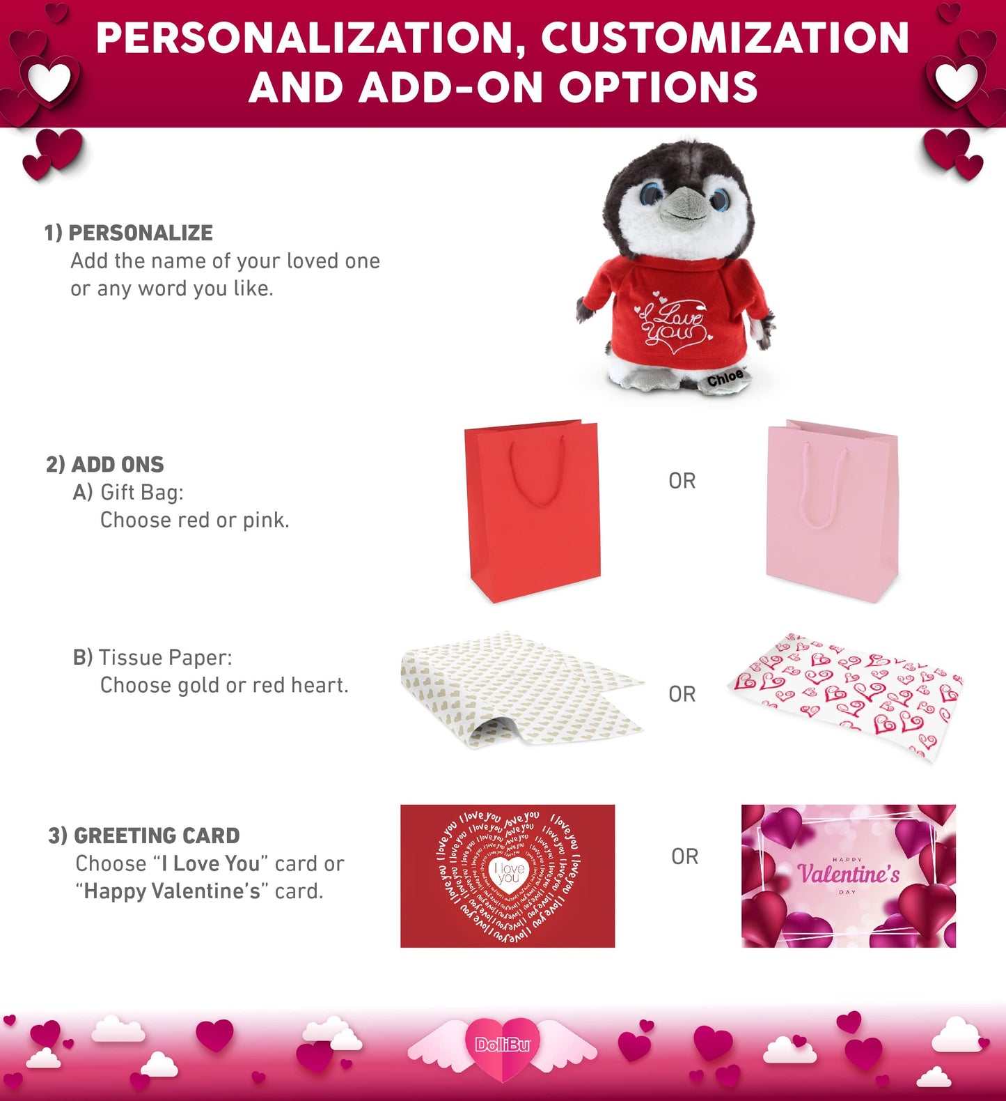 DolliBu I Love You Valentine Plush Grey Penguin - Cute Stuffed Animal with Red Shirt and Name Personalization Gift for Valentines Day, Birthday, Anniversary, Romantic Date - 9 Inches