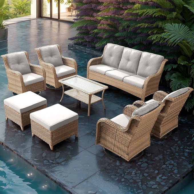 Patio Furniture Swivel Chairs Set - 8 Piece Wicker Rattan Outdoor Sectional Conversation Sets with 4 Swivel Rocking Chairs,2 Ottomans,1 Sofa and 1 Coffee Table for Porch Deck Garden(Yellow/Beige)