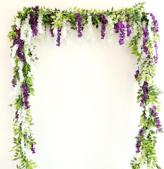 Wisteria Artificial Flowers Garland, 8Pcs Total 57.6ft Silk Faux Wisteria Vine Kit, Hanging Flower Plant for House Outdoor Garden Ceremony Outside Wedding Arch Floral Decor (8, White)