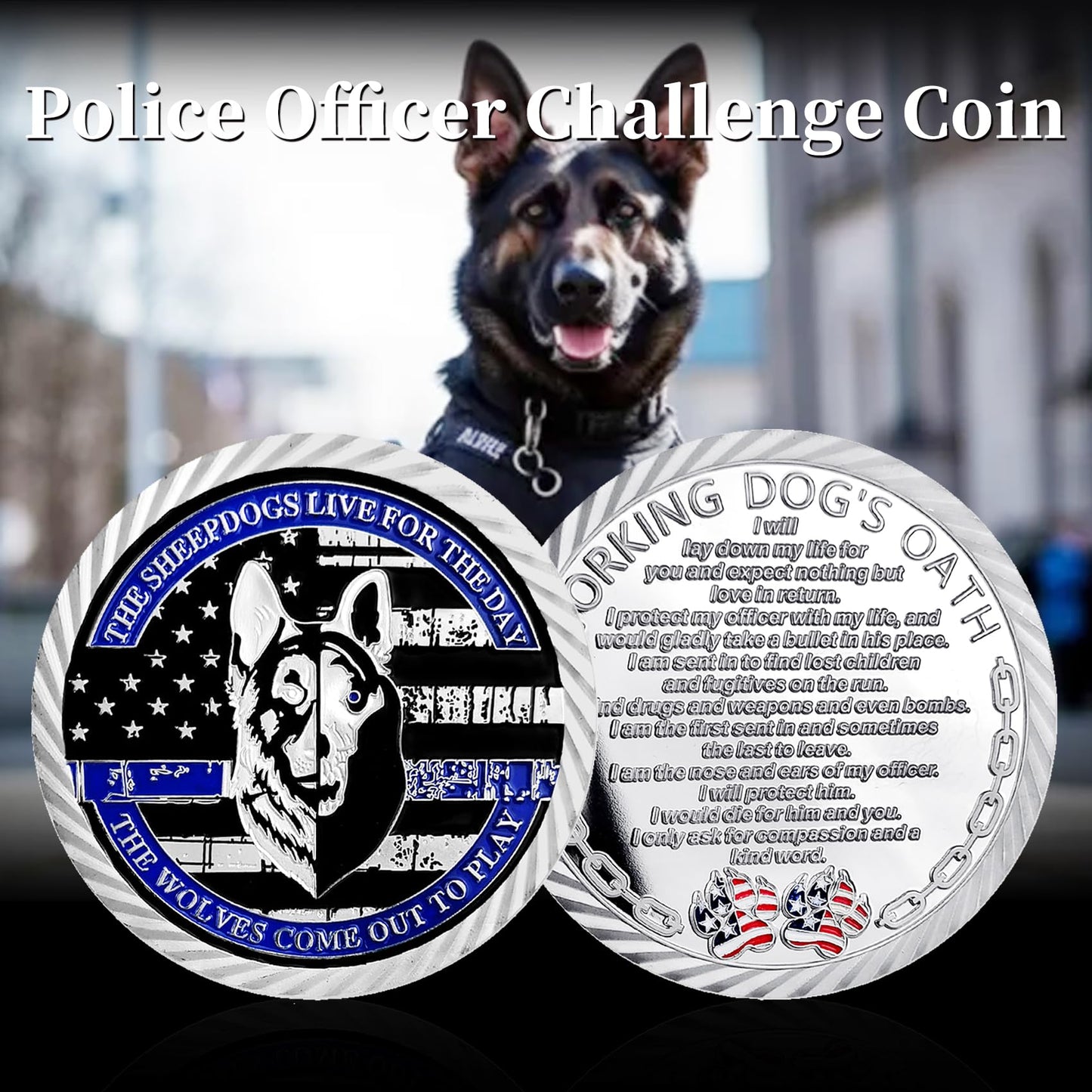 ASmileIndeep Police Dog K9 Challenge Coin Thin Blue Line Police Officer Canine Prayer Coins Gift