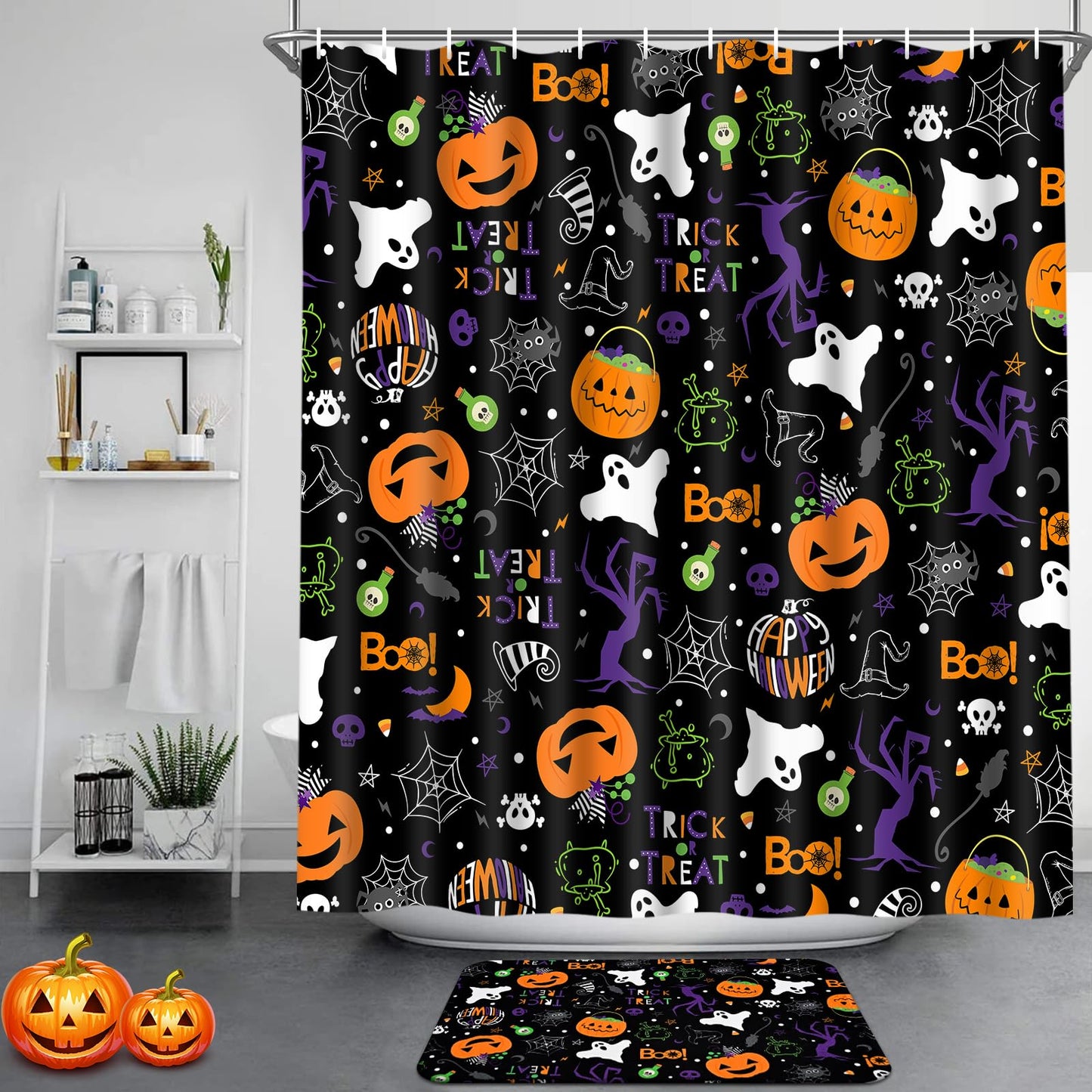 Claswcalor Halloween Pumpkin Shower Curtain Set Spooky Ghost Bathroom Sets with Shower Curtain and Rugs Spider Web Witch Shower Curtain with 12 Hooks, Moon Shower Curtains for Bathroom Decor
