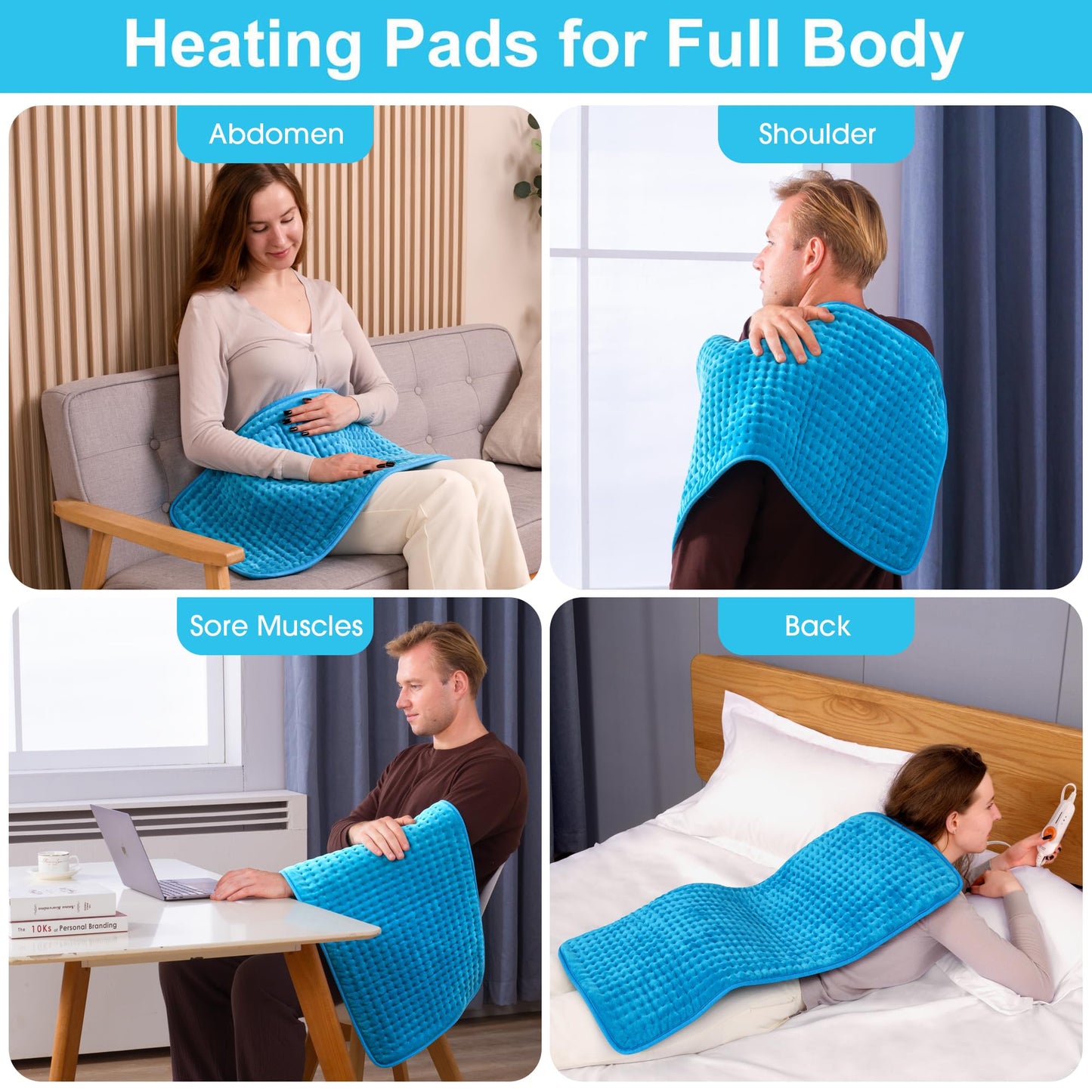 Boileau Electric Heating Pad for Back Pain and Period Cramps Relief, 17"x33" Extra Large XXXL, 3 Heating Levels Heat Pad with 2-Hour Auto Shut Off, Gifts for Women and Mom, Blue