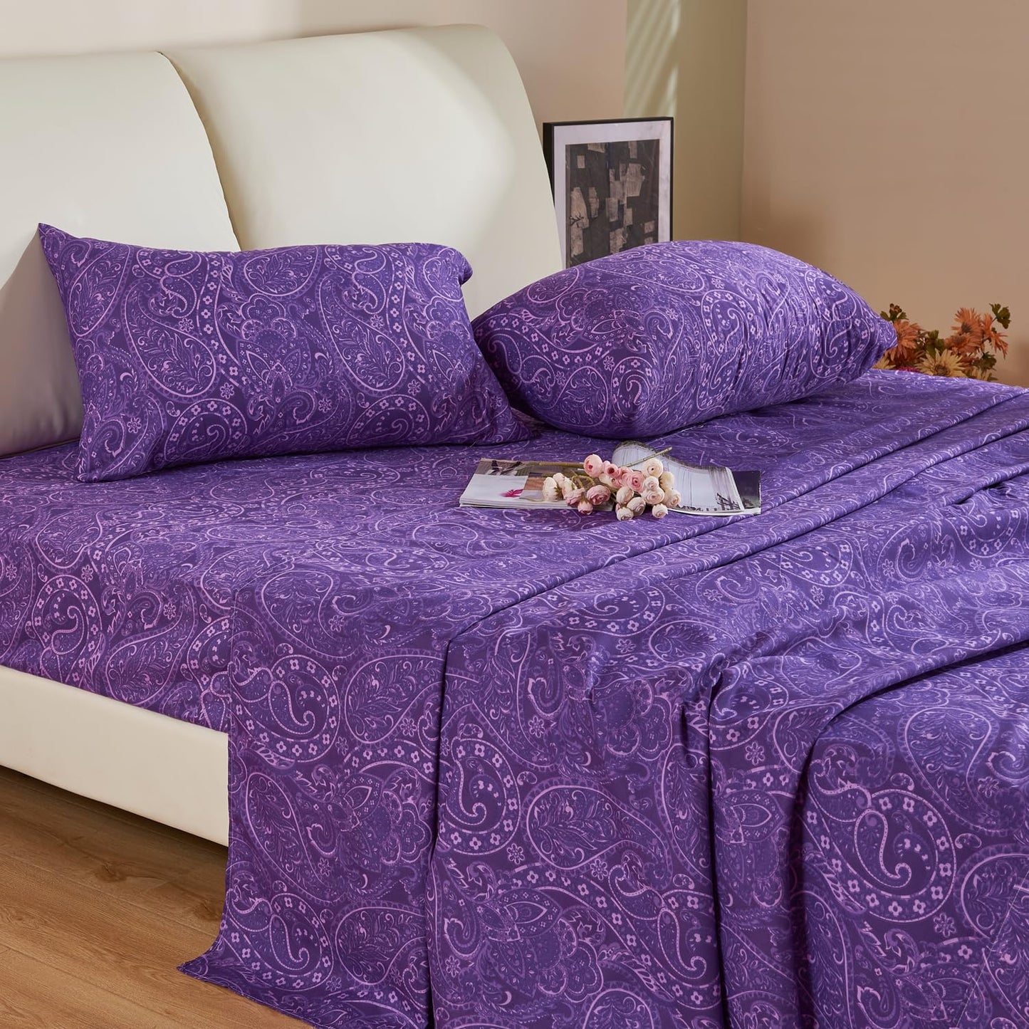 KACEMOO Bed Sheets King Size Purple Paisley Sheets Printed Floral Sheet Set Flower Pattern Deep Pocket Fitted Bed Sheet Set Microfiber Soft Breathable 1800 Thread Count Double Bedding Set