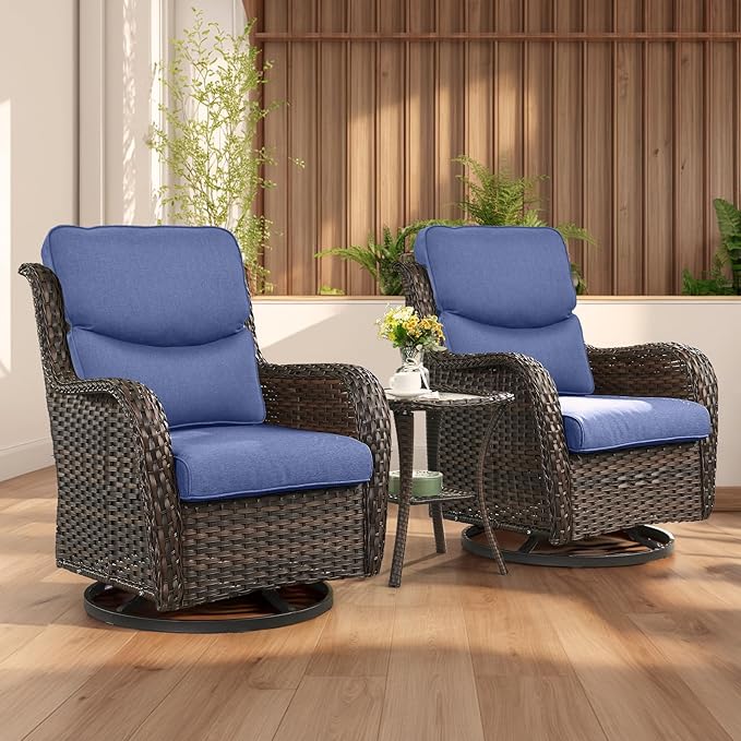 Rilyson Wicker Rocking Chair Swivel Chairs - 2 Piece Rocker Patio Chairs Set Rattan Rocking Chair for Outdoor Porch Deck Garden Backyard (Brown/Blue/Smile)