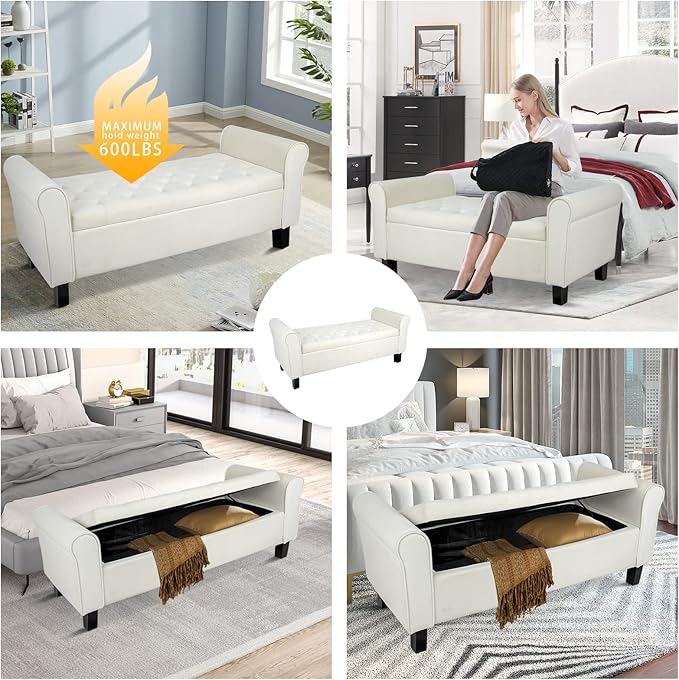 Babion Storage Bench for Bedroom End of Bed, Button Tufted Storage Ottoman Bench 51Inch, End of Bed Storage Bench with Upholstered, Rolled Arm Window Bench Seat with Solid Wood Legs, Beige