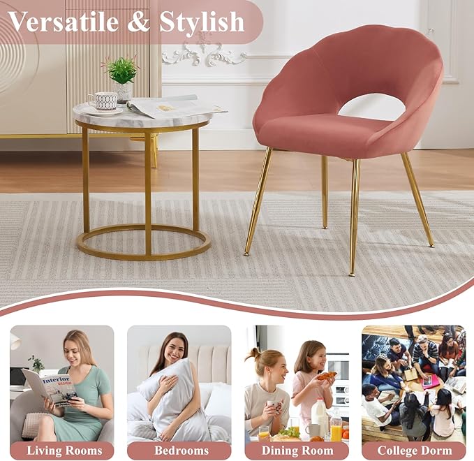 YDcosyfy Modern Small Accent Chair Set of 4, Comfy Velvet Vanity Chair with Shell Back & Golden Metal Legs, Decorative Dining Chair no Wheels for Living Room, Makeup Room, Bedroom, Pink