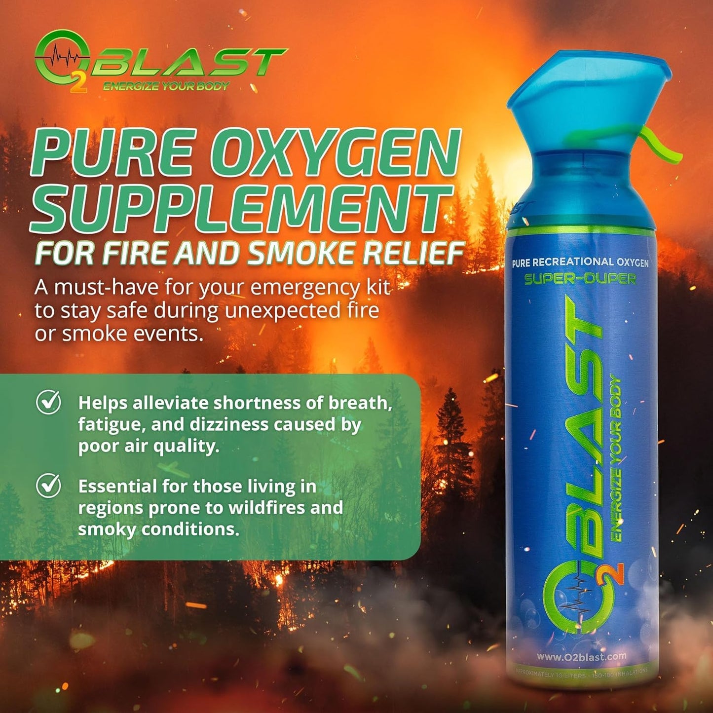 O2 Blast - Portable Oxygen Can, Filled with 99.99% Pure Oxygen in a Can with Breathing Mask for Sports, Travel, and High Altitude Use | On-The-Go Air Support for Hiking and Outdoors – 10L, 5-Pack