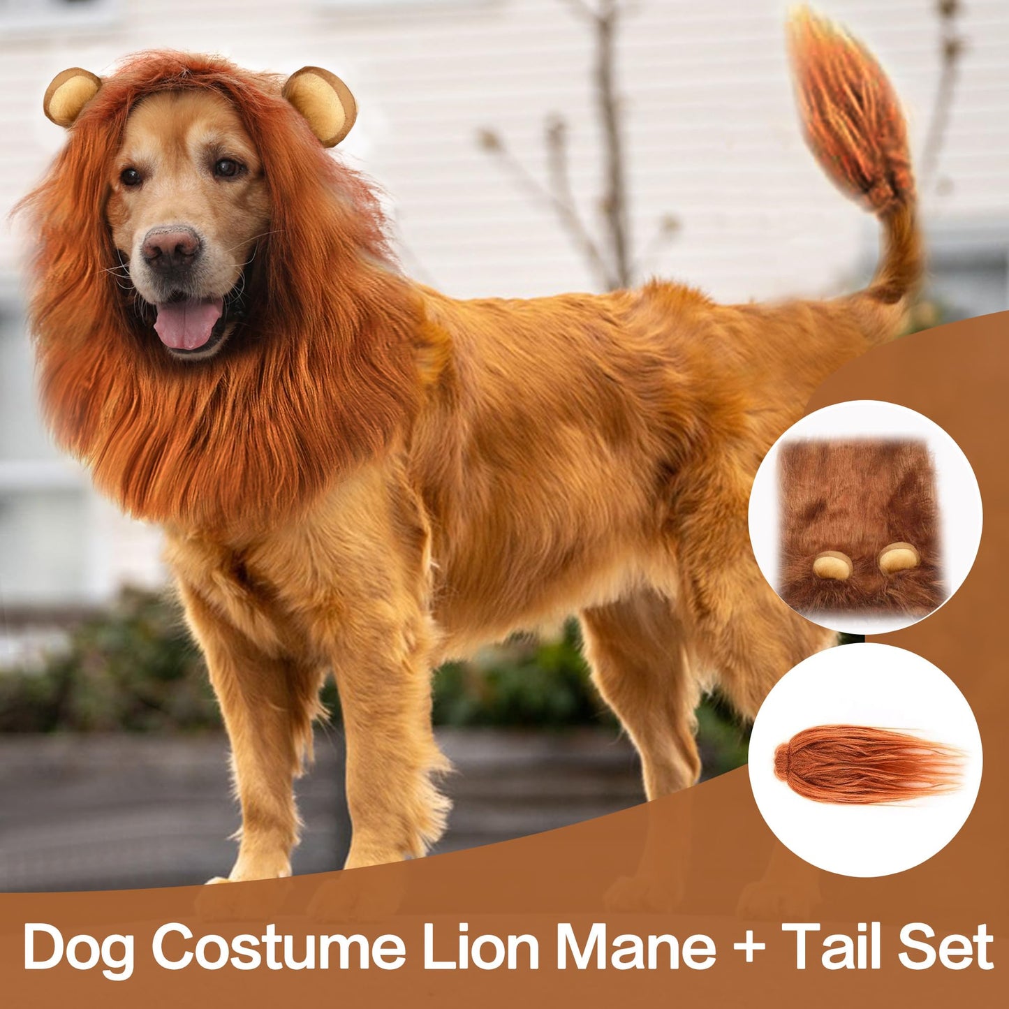 HOKABLE Lion Mane Dog Costume for Medium & Large Dogs - Realistic Lion Wig - Brown - Size M + Tail Set
