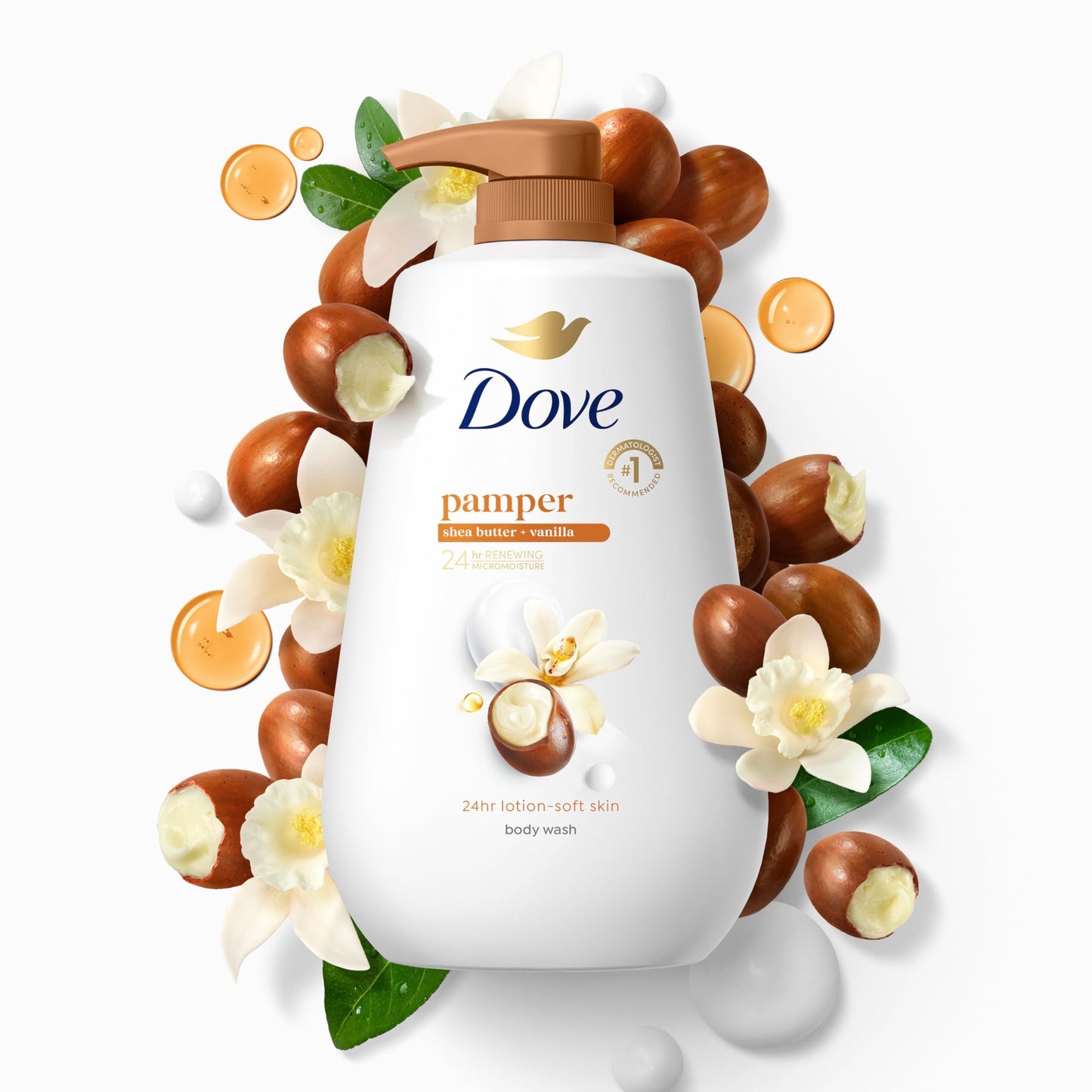 Dove Body Wash with Pump Pamper Shea Butter & Vanilla for 24hr Lotion-Soft Skin Moisturizing Skin Cleanser with No Sulfates No P