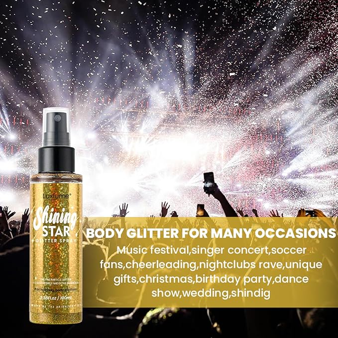 MEICOLY Gold Body Glitter Spray,100ML(3.53OZ),Liquid Glitter Hairspray,Sparkle Hair Spray,Glitter Spray for Hair/Body/Clothes,Body Shimmer for Skin,Lightweight,Long Lasting