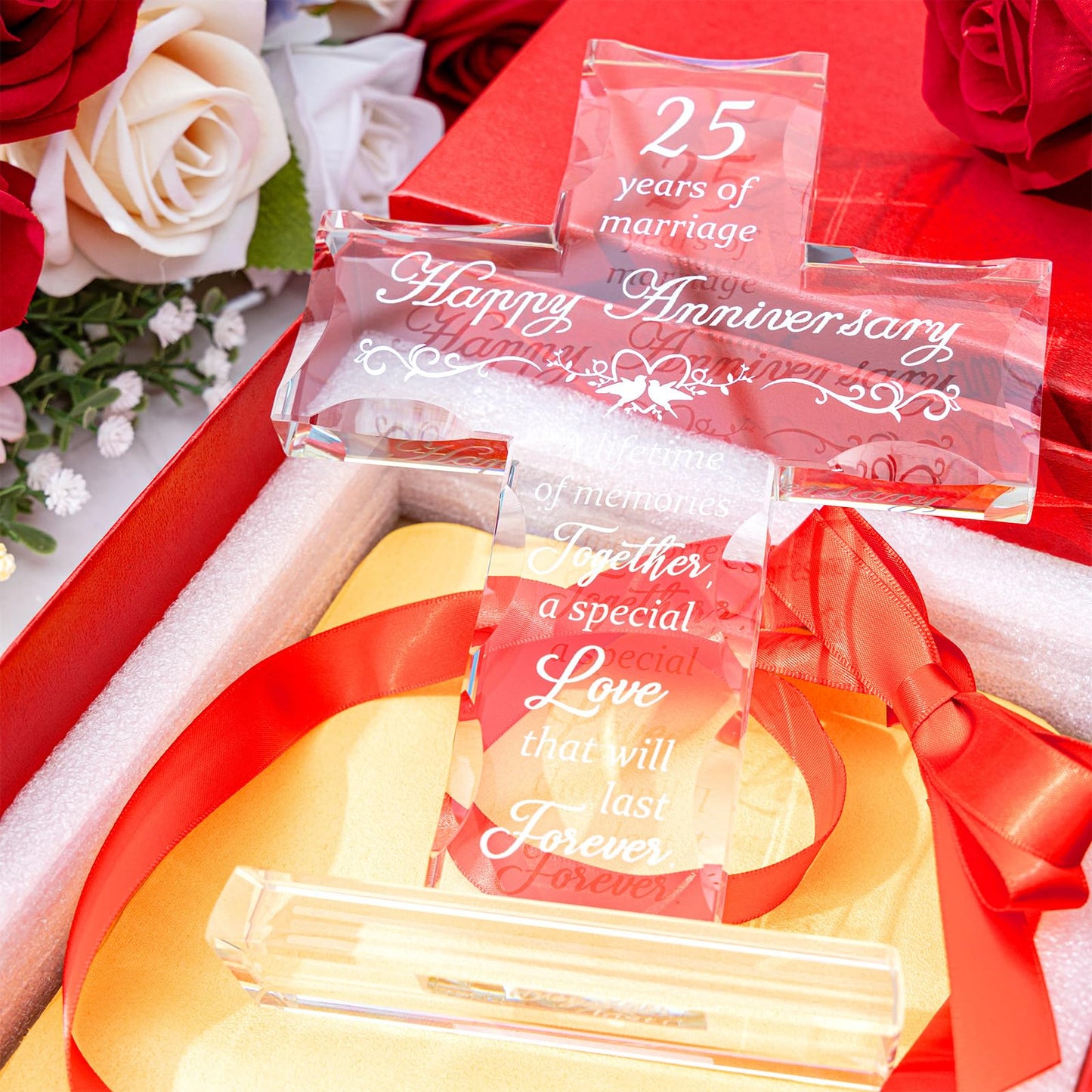 GIRVEM 25th Wedding Anniversary Glass Cross Gifts for Couple, Wedding Anniversary Keepsake for Him Her, Laser Engraved Glass Standing Cross Decoration