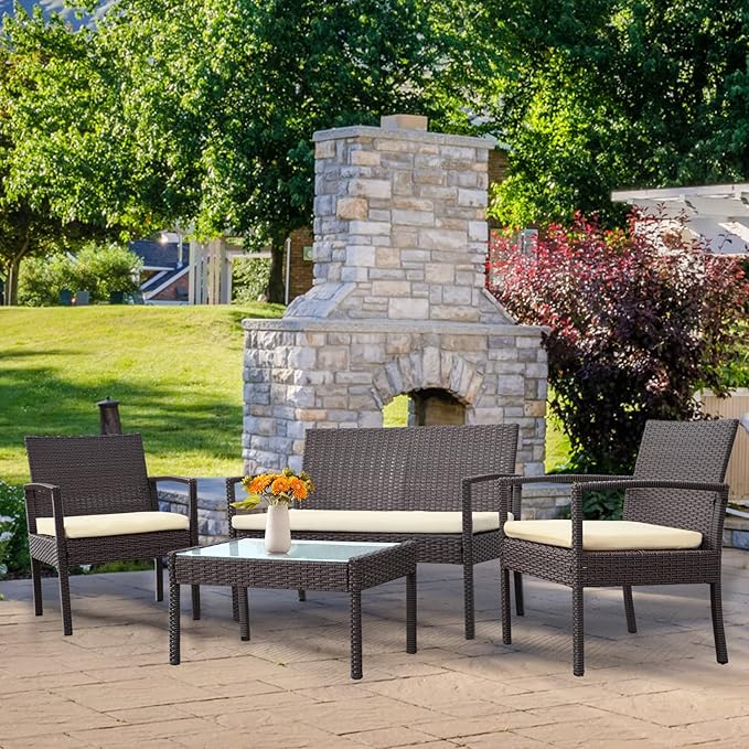 PAOLFOX 4 Piece Outdoor Patio Furniture Set, Rattan Patio Conversation Set with Table,Modern Wicker Chairs and Table Sets,Outdoor Furniture for Porch, Garden, Lawn,Beige