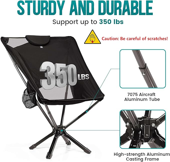 TCEK Portable High Back Camping Chair with Adjustable Height, Small Compact Outdoor Folding Chair for Adults Travel, Riselite Collapsible Lightweight Packable Camp Chairs, Easy Carry and Quick Setup