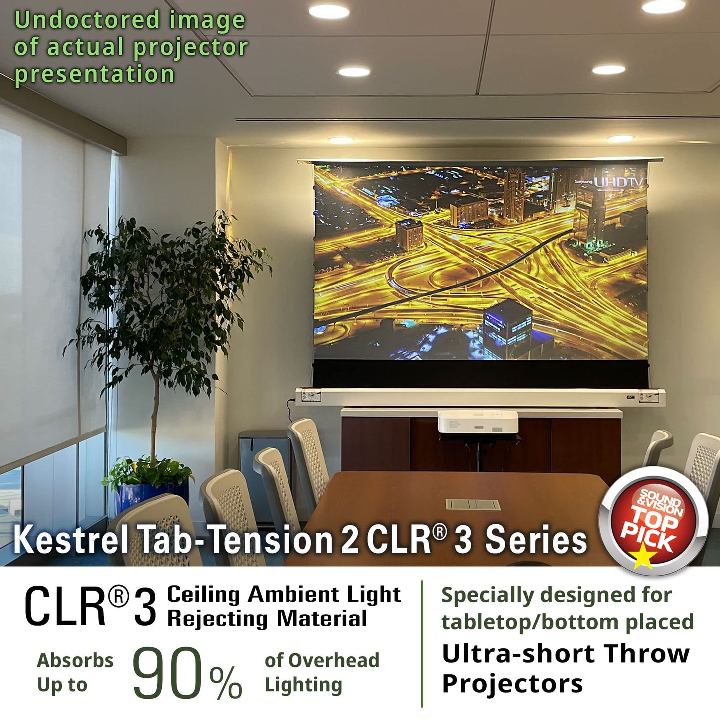 Elite Screens Kestrel Tab-Tension 2 CLR3, 101" 16:9, Ultra-Short Throw Ceiling Ambient Light Rejecting (CLR/ALR) Electric Floor-Rising Motorized Front Projector Screen,White Casing, FTE101XH3-CLR3