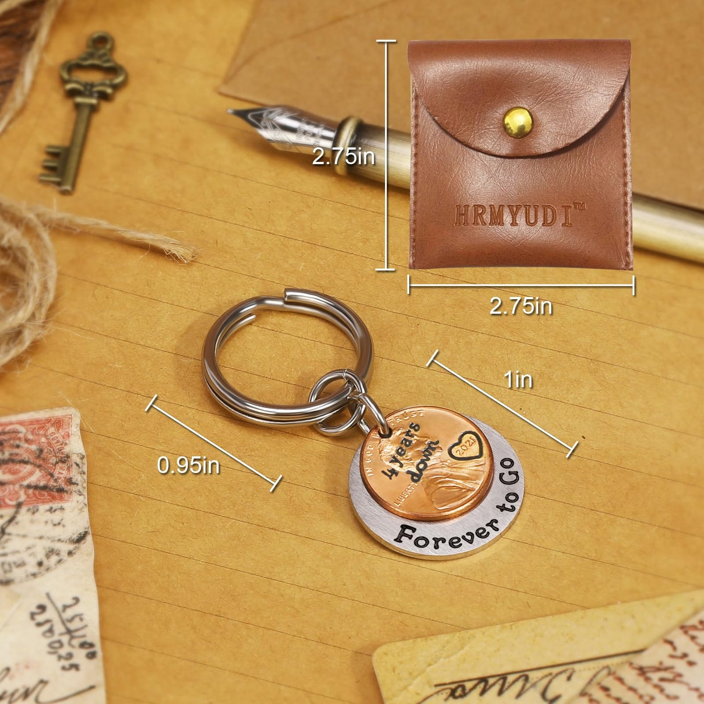 HRMYUDI 4 Years Anniversary Copper Gift for Man Woman, Coin Keychain with a 2021 Penny, 4 Years Down and Forever To Go, Fourth Silk Wedding Anniversary Copper Gift for Him Her