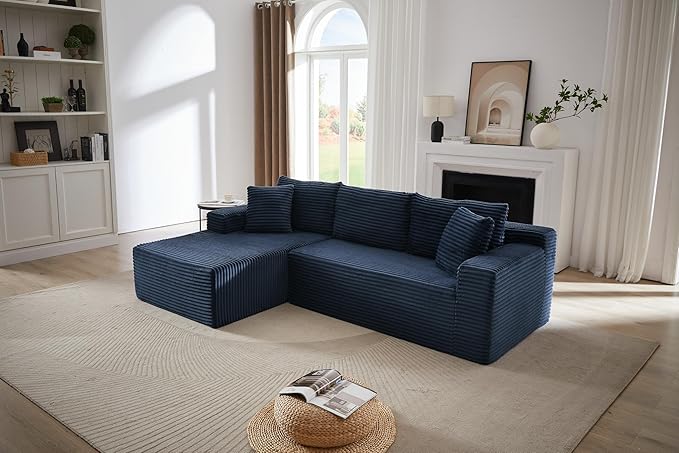 Vanress Cloud Couch Sectional, Corduroy Boneless Couch with L-Shape Chaise, Modern Modular Sectional Sofa Comfy Deep Seat for Living Room, Bedroom, No Assembly (Blue, Left Facing Chaise)