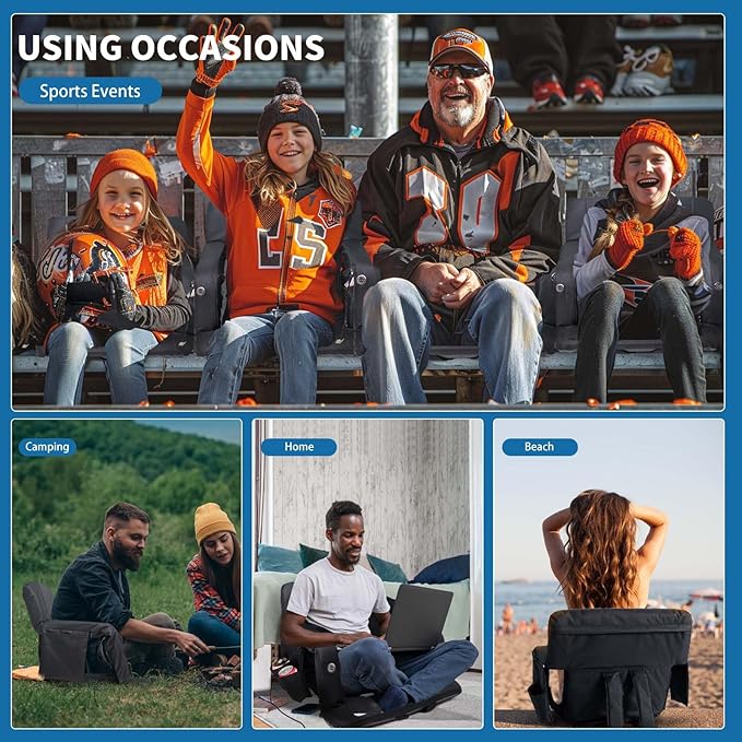 NAIZEA Wide Heated Stadium Seat for Bleachers w/Back Support & Cushion, Portable Bleacher Seats Foldable Stadium Chair with Armrests for Sports Events, Outdoor, Camping, Hiking-No Power Bank