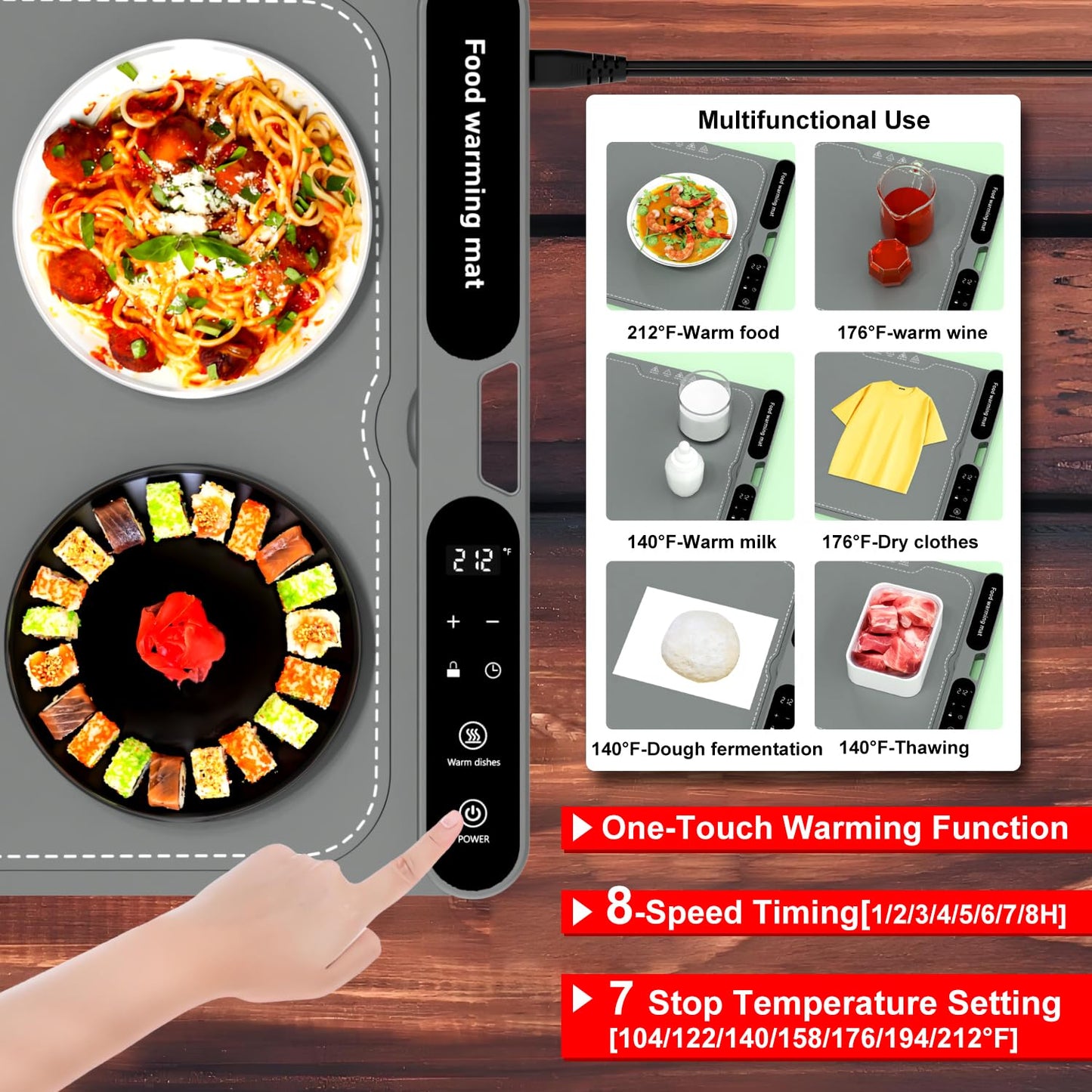 Electric Warming Tray&Food Warming MatFast Full Surface Electric Warming Tray with 7 Temp-Settings & 8H Timer, Portable Roll Up Food Warmer for Gatherings (Grey, 24''X15'')