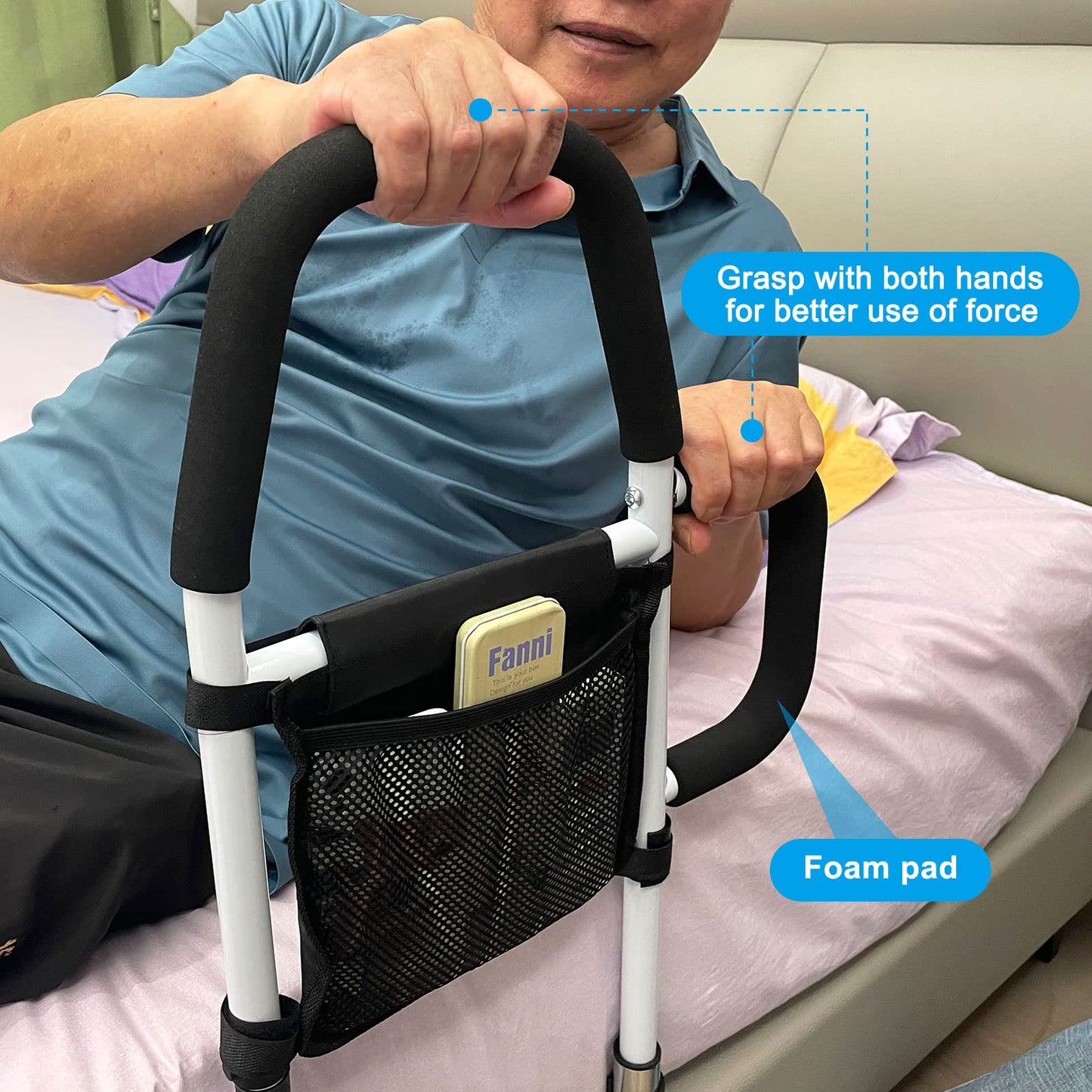 Pletpet Bed Rails for Elderly Adults, Bed Assist Rails for Seniors with 2 Grab Bars & Storage Pocket & Fall Prevention Guard, Fits King, Queen, Full, Twin Bed, Support Up to 300lbs