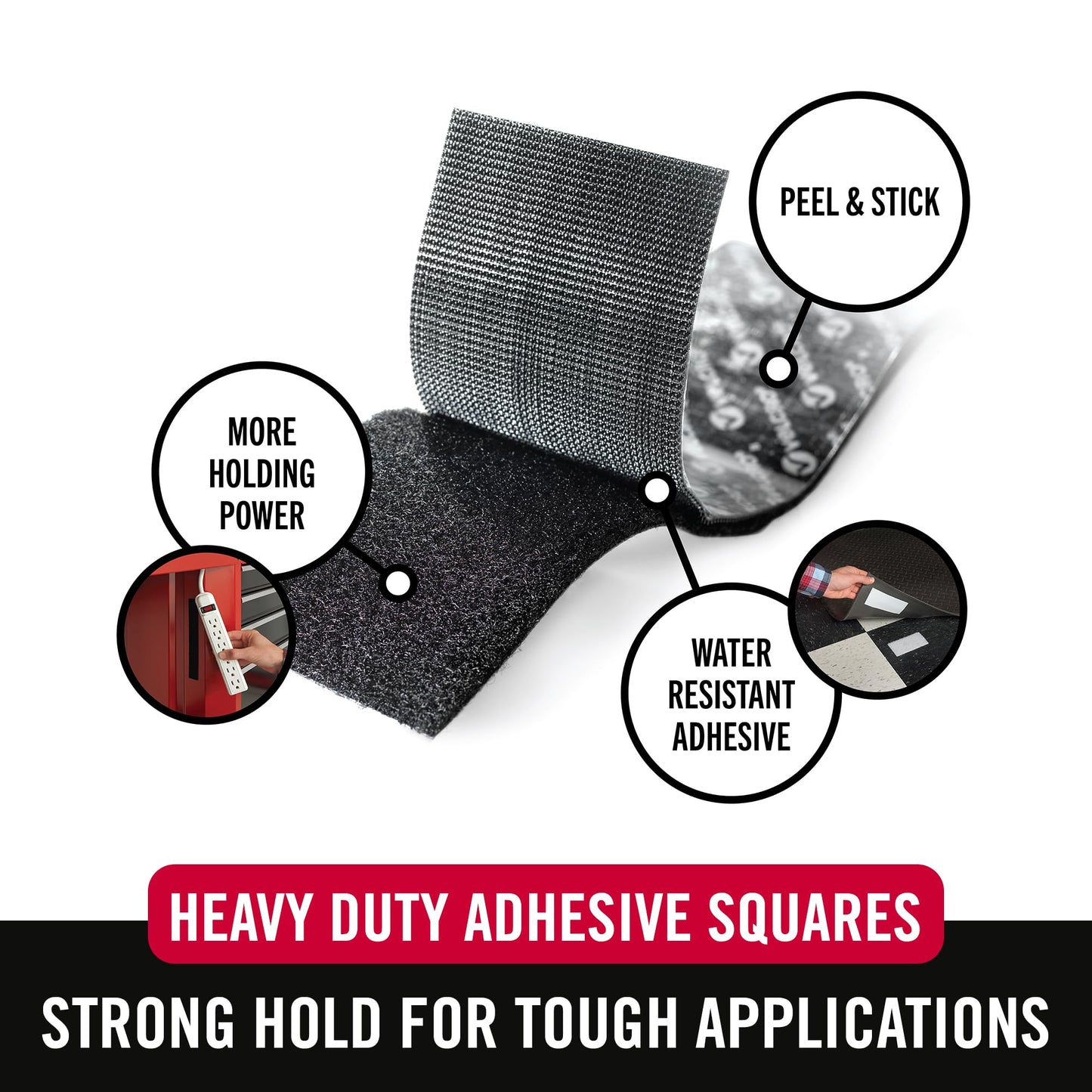 Velcro Brand Heavy Duty Squares with Adhesive | 4 Sets, Black | Industrial Strength Hook and Loop Fasteners | Holds 10 Pounds | Wall Mounting, Crafts, Tools