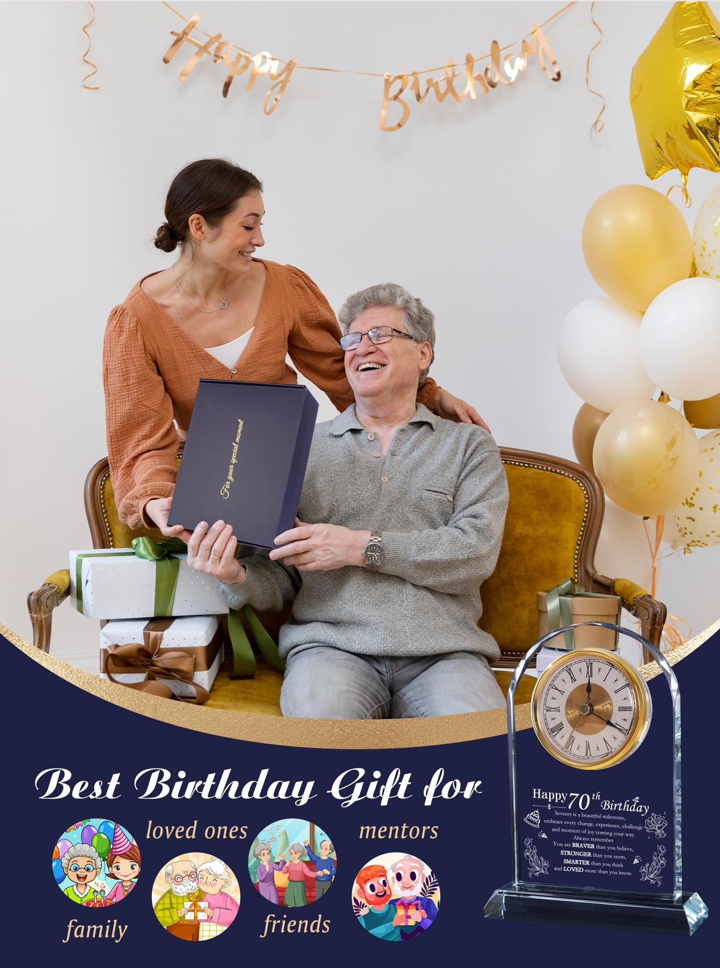 Unique Happy 70th Birthday Gifts for Women, Men, Mom, Dad, Grandma, Grandpa, 70 Year Old Birthday Present Quartz Clocks with Blessing Decorations for Her, Him, Parents, and Couples