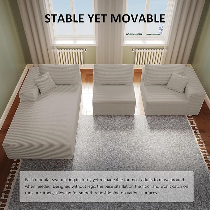 108" Cloud Sectional Couch with L-Shape Chaise,3 Seat Modern Modular Sofa (Grey)