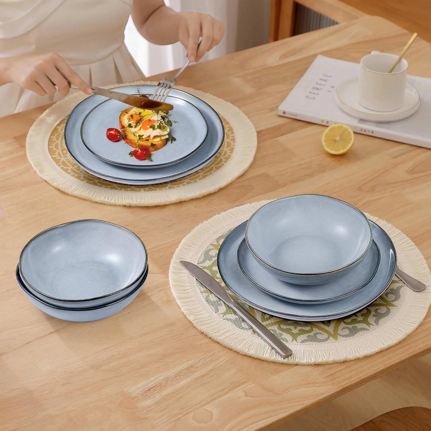 Herogo Stoneware Dinnerware Sets for 6, 18 Piece Ceramic Dinner Dishes Set, Irregular Handmade Plates and Bowls Dishware, Crack and Scratch Resistant, Reactive Glaze, Smoky Blue
