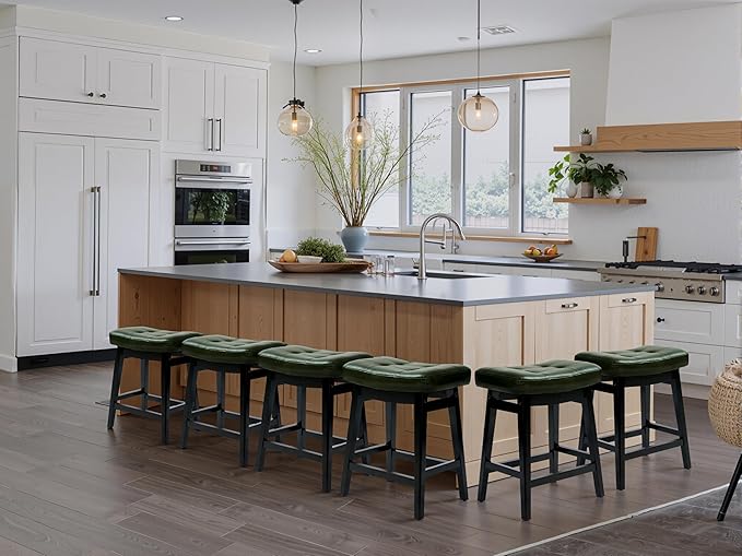 RNKSFX Counter Height Bar Stools Set of 4 for Kitchen Counter Farmhouse Modern Barstools with Faux Leather Upholstered Backless Seat and Solid Wood Legs 24 inch Bar Chairs, Green + Black