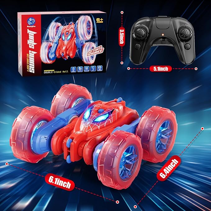 Spider Remote Control Car, 360° Stunt RC Cars for Kids Ages 6-12 Double-Sided Rotation, 4WD Cool Wheel Lights&2.4GHz Control; Rechargeable Electric Race Car Toys Gift for Boys Girls (Red&Blue)