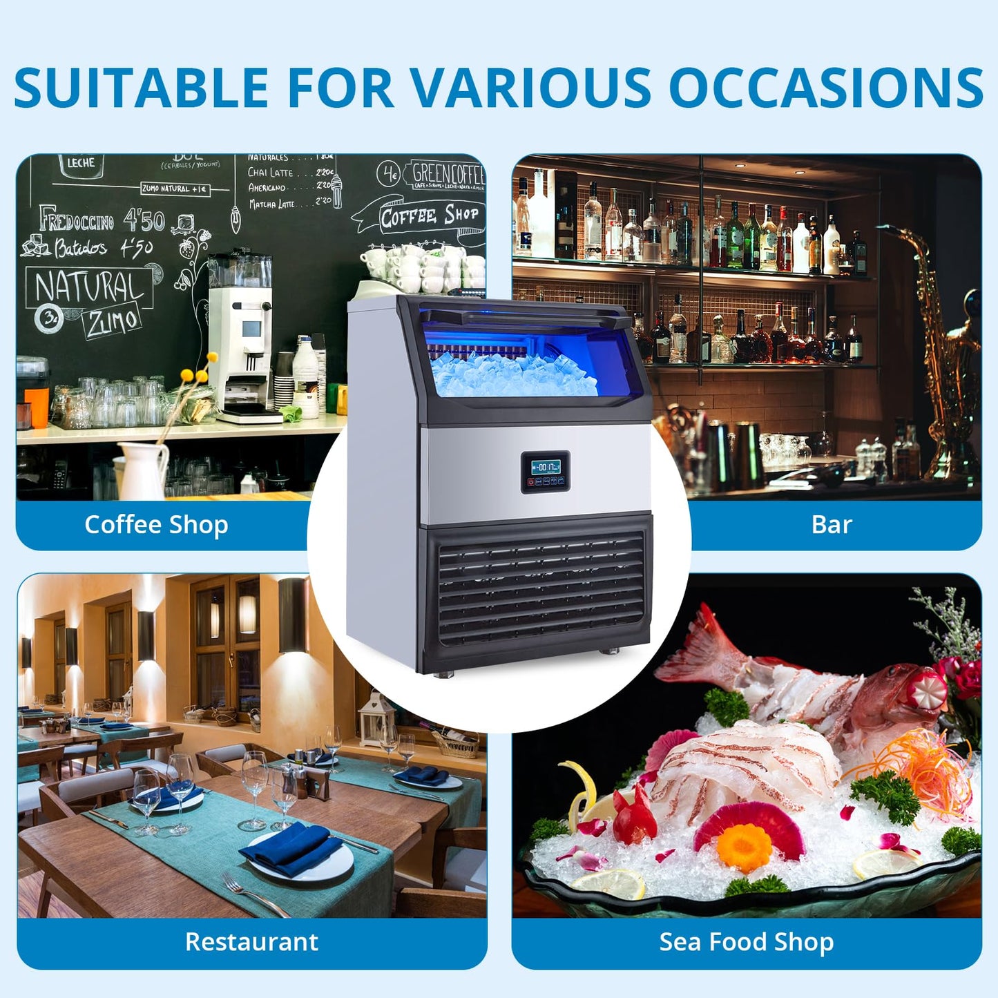 Commercial Ice Maker, 265lbs/24H Production, 55lbs Storage, Quiet & Energy-Saving 580W Compressor, for Home, Bar, Party