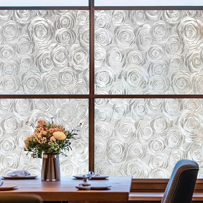 Window Privacy Film, Frosted Glass Decorative Static Cling, Removable Sun Blocking Vinyl Covering,Window Film for Home Kitchen Living Room Bathroom,Sea of Flowers,17.3" x 78.7"