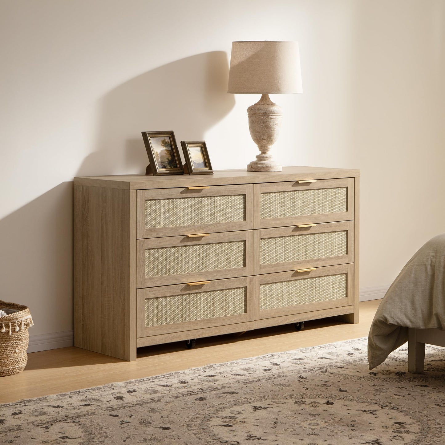 SICOTAS Rattan Dresser for Bedroom, 56.9" Wide 6 Drawer Dresser with Ample Storage, Dressers Large Chest of Drawers, Closet, Boho TV Stand for Bedroom (Reclaimed Light Oak, 1 Piece)