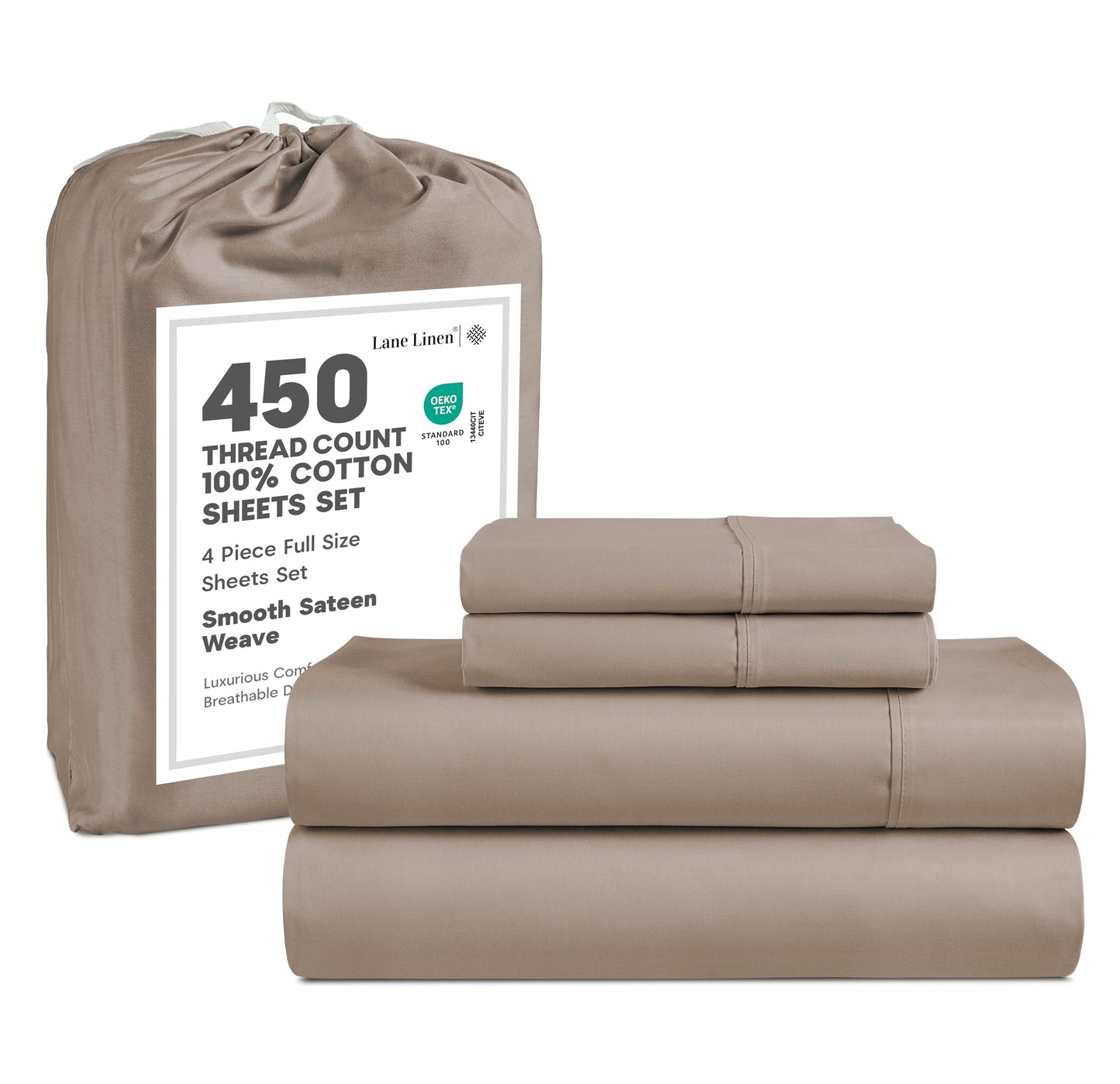 LANE LINEN Full Size Sheets Set – 450 Thread Count Soft & Breathable Cotton Sheets, 15” Deep Pocket Fully Elasticized Fitted Sheet, Machine Washable Hotel Bedding Sheets & Pillowcases, Taupe