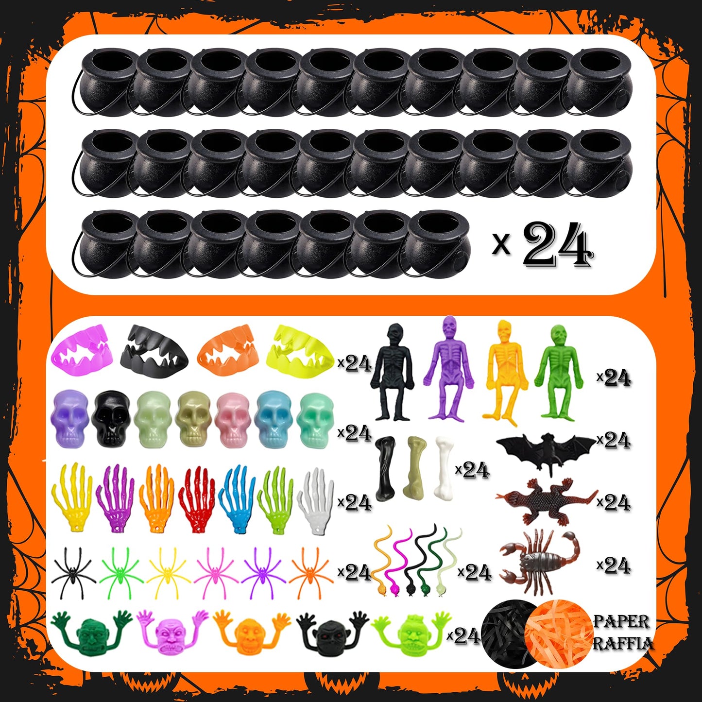 Grisofaa 24 Pack DIY Halloween Witch Bucket Treat Bags - 288 Pcs Halloween Party Favors with 264 Spooky Toys, Build Your Own Goodie Bags for Kids,Candy Bags & Gift Basket Stuffers