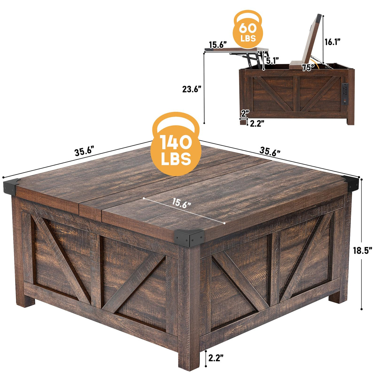 jimeimen Farmhouse Lift Top Coffee Table with Storage, Wood Square Center Table with Charging Station&USB Port, Living Room Table w/Large Hidden Space, for Living Room, Bedroom, Home Office, Brown